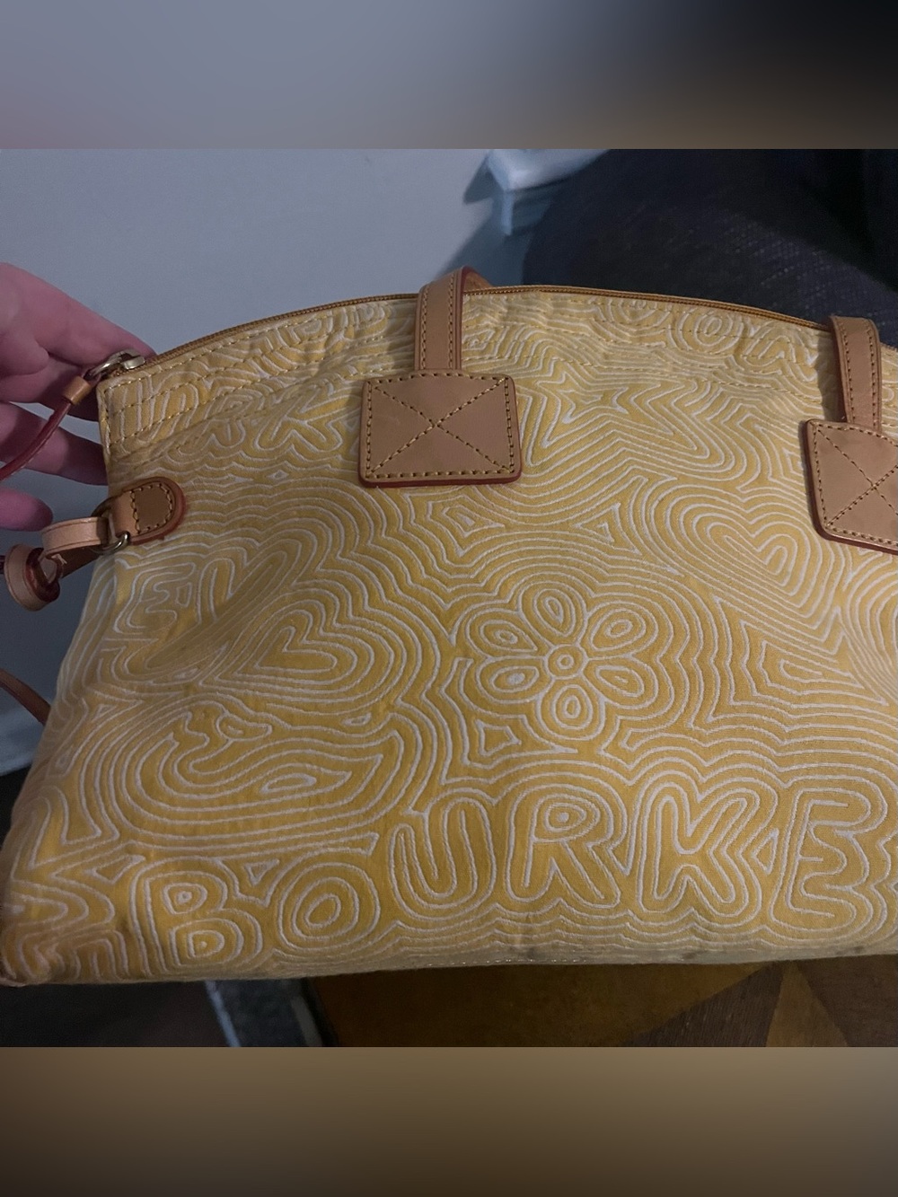 Dooney & Bourke Yellow White Patterned Tote with Tan Leather Trim - Picture 4 of 7